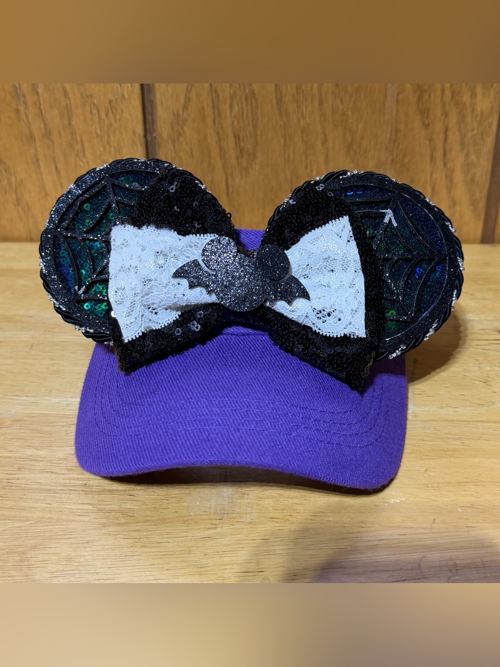 Haunted Mansion Inspired Minnie Ear Visor Hat Purple Sequin Spiderweb Handmade
